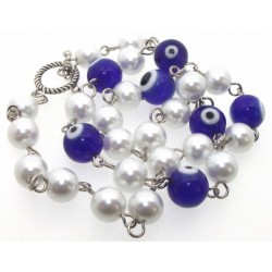 Dark Blue Lampwork Evil Eye and Faux Pearl Bead Necklace